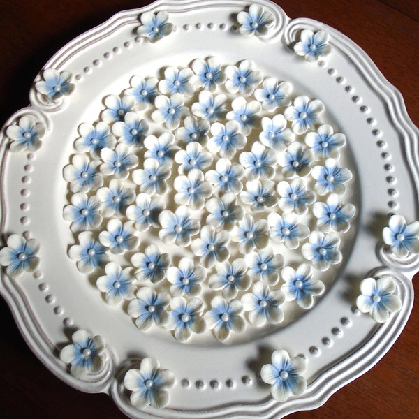 STEEL BLUE on WHITE Gum Paste Blossoms. 30 Blue Cake Topper and Cupcake Decorations   Sugar Paste Blue on White Blossoms