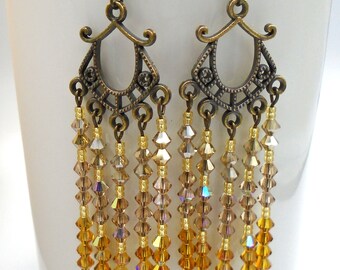 CRYSTAL CHANDELIER EARRINGS   Golden Ombre Chandelier Earrings   Golden Crystal Chandelier Earrings