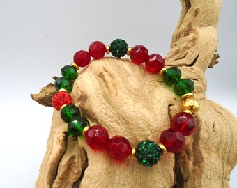 CHRISTMAS HOLIDAY SEASON Beaded Bracelet     Red Green Gold Christmas Bracelet    Christmas Beaded Bracelet