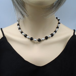 BLACK ONYX and SILVER Czech Beaded Necklace     Black and Silver Beaded Necklace   Black Onyx and Silver Czech Necklace