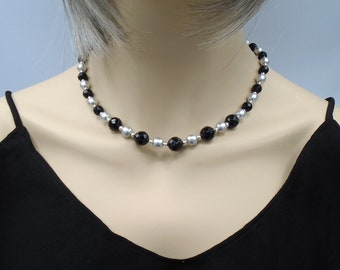 BLACK ONYX and SILVER Czech Beaded Necklace     Black and Silver Beaded Necklace   Black Onyx and Silver Czech Necklace