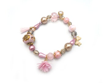 WHIMSICAL PINK Beaded Bracelet     Pink Designer Beads Charm Bracelet    Whimsical Pink Beaded Charm Bracelet