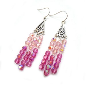 ROSE AB Crystal Two-Tone Sterling Silver Chandelier Earrings, Pink Crystal Dangle Earrings, Rose Pink Crystal Chandelier SS Earrings