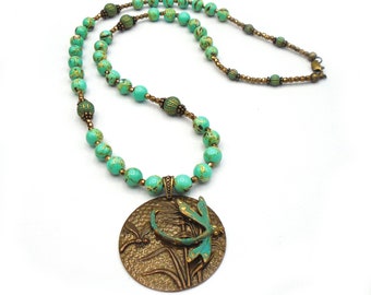 SEA GREEN MOSAIC Shell Patina Medallion Necklace   Patina Antique Brass Long Beaded Necklace   Long Antique Brass Patina Medallion Necklace