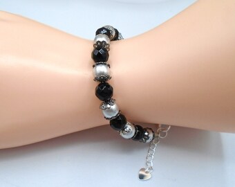 BLACK ONYX and SILVER Czech Beaded Bracelet     Black and Silver Beaded Bracelet    Black Onyx and Silver Czech Bracelet