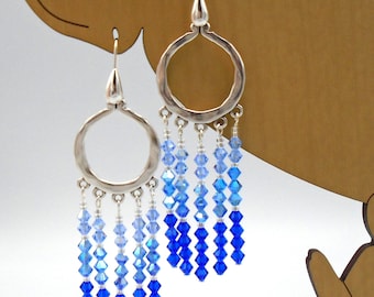 AUSTRIAN CRYSTALS Chandelier Earrings Sapphire Blue Ombre and Silver Chandelier Earrings
