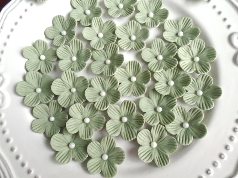 May include: A collection of sage green flower-shaped decorations with white centers, arranged on a white plate. The flowers have detailed petal textures. Ideal for crafting or decorating.