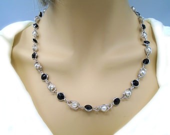 BLACK RIVOLI and WHITE Crystal Pearl Wire Wrapped Necklace   Black and White Wire Wrapped Necklace