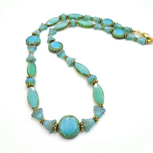 AQUA/TURQUOISE CZECH Glass Beaded Necklace   Czech Glass Aqua/Turquoise Beaded Necklace
