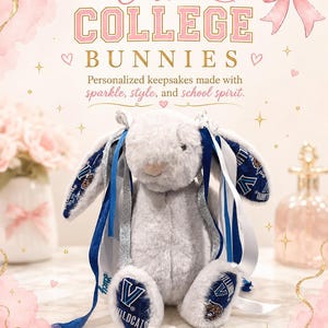 May include: A plush gray rabbit toy featuring long ears lined with blue and white Villanova Wildcats fabric. The rabbit is adorned with multiple hanging ribbons in blue, white, and silver glitter. Text reads Custom COLLEGE BUNNIES and The College Customs Co.