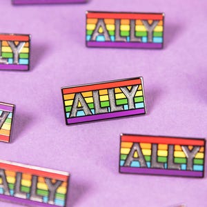 Rainbow ALLY Pride Pin — Safe Space Support Rainbow Pronoun Badge Subtle Trans Sibling Rights Protest Queer Fist Lanyard Bracelet Accessory