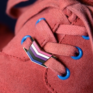 Può includere: Un paio di scarpe in camoscio rosso con occhielli blu brillante e lacci rossi abbinati. Ogni scarpa è decorata con un fermalacci in metallo a forma di chevron, uno con una sfumatura rosa, viola e blu, l'altro con un motivo arcobaleno.