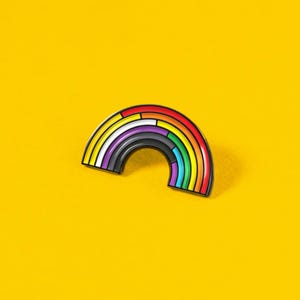 Op de afbeelding: Een metalen emaille speld in de vorm van een regenboogboog. Het ontwerp bevat horizontale strepen in rood, oranje, geel, wit, paars, zwart, blauw en groen. De speld heeft een dunne zwarte metalen omlijning die elke kleurstrook scheidt en de rand definieert.