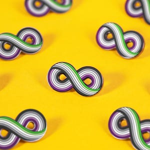 May include: A collection of metal enamel pins shaped like infinity symbols. Each pin features concentric stripes in purple, white, gray, and green. The pins are arranged in a scattered pattern, showcasing the repeating design of the infinity loop.