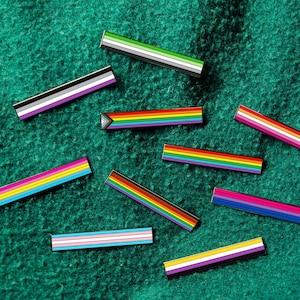 May include: A collection of ten rectangular metal enamel pins, each featuring a different horizontal striped pattern representing various pride flags, including rainbow, transgender, asexual, pansexual, and non-binary colour combinations.