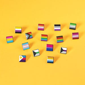 May include: A collection of fourteen square enamel pins, each featuring a different colorful pride flag design. The pins are arranged in a scattered pattern, showcasing various horizontal stripes, geometric shapes, and vibrant color combinations.