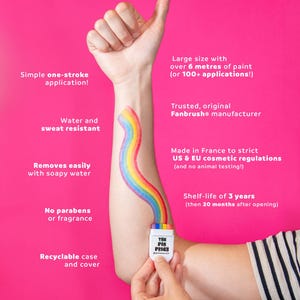 Puede incluir: Un aplicador de pintura facial Fanbrush con un bloque de pintura de colores del arco&iacute;ris, creando una l&iacute;nea ondulada sobre la piel. La carcasa de pl&aacute;stico blanco tiene la etiqueta "THE PIN PRICK". El texto destaca 6 metros de pintura y sin parabenos.