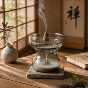 Puede incluir: Un quemador de incienso de vidrio transparente con una parte superior ancha y un cuello estrecho, que incluye una rejilla metálica. Un cono de incienso marrón se asienta sobre la rejilla, emitiendo un hilo de humo que desciende hacia la base.