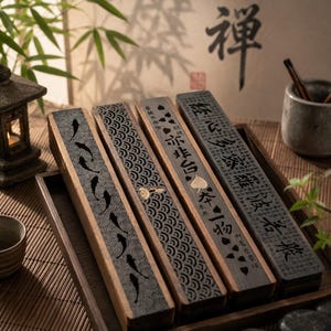 Puede incluir: Cuatro cajas rectangulares de madera para incienso con tapas oscuras y texturizadas. Los diseños incluyen peces koi negros sobre remolinos, un patrón de olas con una hoja dorada, una hoja dorada con texto negro y caligrafía china vertical densa.