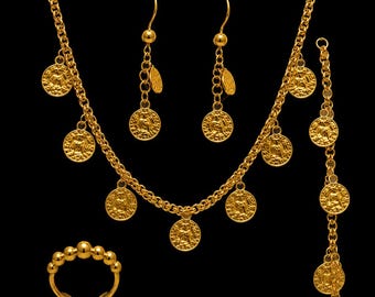 Sieradenset vergulde munten - ketting, armband, oorbellen, ring - Arabische bedelstijl
