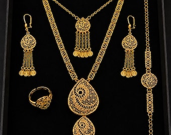 22K Gold Plated Saudi Arabian Jewelry Set | Necklace, Earrings, Ring, Bracelet