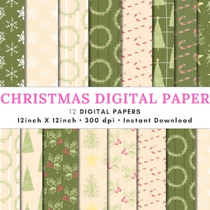 May include: A collection of 12 digital papers featuring Christmas-themed patterns in shades of green, cream, and red. Designs include white snowflakes, green wreaths, red candy canes, green Christmas trees, and holly berries on various backgrounds.