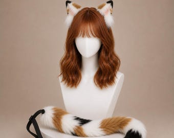 Zestaw z uszami i ogonem kota kaliko | Kostium cosplay ze sztucznego futra
