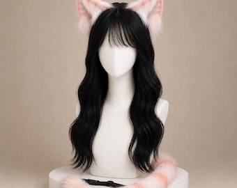 Różowy zestaw z kocimi uszami i ogonem do cosplayu | Kostium Kawaii ze sztucznego futra