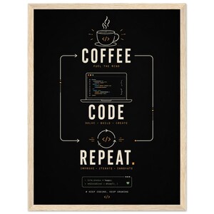 Può includere: Un poster nero incorniciato con grafiche e testo in bianco e arancione. Mostra una tazza di caffè, un computer portatile con codice e un diagramma a ciclo. Il testo recita: COFFEE FUEL THE MIND, CODE SOLVE BUILD CREATE, REPEAT IMPROVE ITERATE INNOVATE e frammenti di codice.