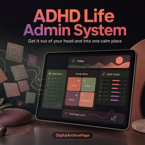 May include: A digital tablet displays an ADHD Life Admin System interface with a dark theme, featuring a Brain Dump list, a four-quadrant Priority Matrix, and a habit tracker. Floating note icons connect to the screen, with text reading DigitalArchivePage.