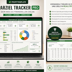 Könnte beinhalten: Eine digitale Sparziel-Tracker-Vorlage für Microsoft Excel, dargestellt auf einem Laptop- und Tablet-Bildschirm. Die Benutzeroberfläche umfasst Finanz-Dashboards, Fortschrittsdiagramme, monatliche Zahlungspläne und Kategorienübersichten.