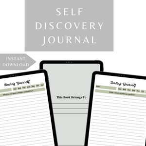 Könnte beinhalten: Ein digitales Selbstfindungs-Journal, dargestellt auf drei Tablet-Bildschirmen. Die Seiten enthalten den Text Finding Yourself, linierte Schreibbereiche und Aufforderungen wie What do you need to forgive yourself for? und Write a letter to someone you love.
