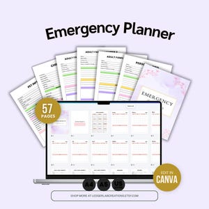 Könnte beinhalten: Ein digitales Emergency Planner Vorlagenset mit 57 Seiten, inklusive Formularen für Haustierdaten, Familienmitglieder und persönliche Infos. Der Laptop-Bildschirm zeigt Kalenderlayouts und ein Deckblatt. Verfügbar in A4, A5 und US Letter Formaten.