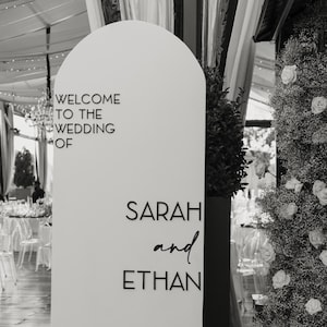May include: A white wedding welcome sign with an arched top. The sign reads "WELCOME TO THE WEDDING OF SARAH and ETHAN" with the date "07.15.23" at the bottom. The background includes a floral arrangement and a wedding reception.
