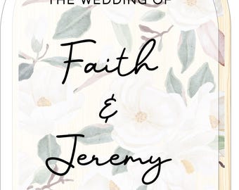 Placa decorativa de madeira/acrílico com flores para dar as boas-vindas ao casamento.