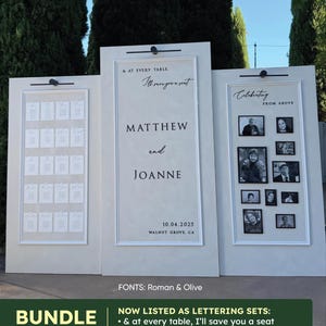 Puede incluir: Tres paneles expositores rectangulares de color blanco roto con letras y marcos negros. El panel central dice: & AT EVERY TABLE, I'll save you a seat, MATTHEW and JOANNE, 10.04.2025, WALNUT GROVE, CA. El panel izquierdo tiene tarjetas de asiento y el derecho fotos.
