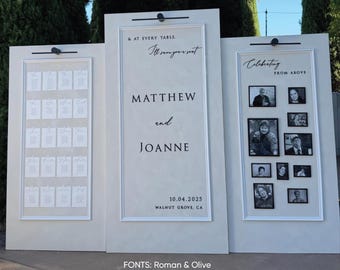 Puede incluir: Tres paneles expositores rectangulares de color blanco roto con letras y marcos negros. El panel central dice: & AT EVERY TABLE, I'll save you a seat, MATTHEW and JOANNE, 10.04.2025, WALNUT GROVE, CA. El panel izquierdo tiene tarjetas de asiento y el derecho fotos.