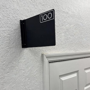May include: A black metal room number sign displaying the number 100 in a white box. The sign is fixed to a textured white wall, near a white door.