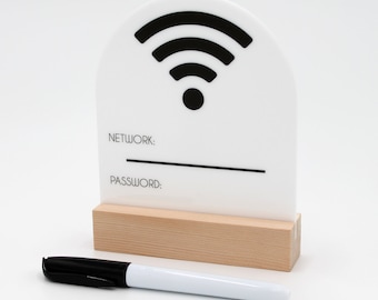 Wifi Sign with dry erase marker. Acrylic and wood 4.6" x 6" tall for rental homes, stores, restaurants, hotels