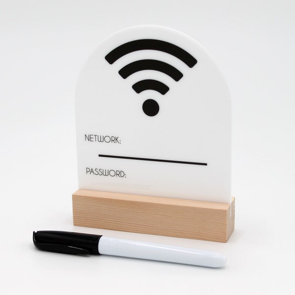 Wifi Sign with dry erase marker. Acrylic and wood 4.6" x 6" tall for rental homes, stores, restaurants, hotels