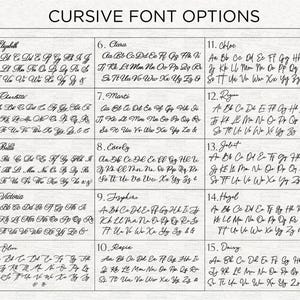 K&ouml;nnte beinhalten: Eine Tabelle mit dem Titel CURSIVE FONT OPTIONS zeigt f&uuml;nfzehn verschiedene schwarze Schreibschrift-Alphabete, nummeriert von 1 bis 15. Jeder Eintrag enth&auml;lt einen Beispielnamen, gefolgt vom vollst&auml;ndigen Gro&szlig;- und Kleinbuchstaben-Alphabet und einem Et-Zeichen.