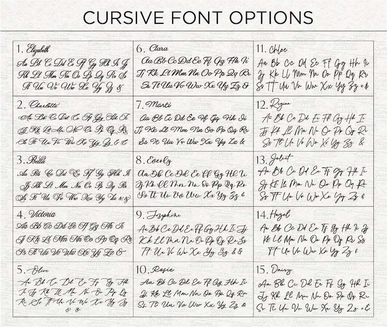 K&ouml;nnte beinhalten: Eine Tabelle mit dem Titel CURSIVE FONT OPTIONS zeigt f&uuml;nfzehn verschiedene schwarze Schreibschrift-Alphabete, nummeriert von 1 bis 15. Jeder Eintrag enth&auml;lt einen Beispielnamen, gefolgt vom vollst&auml;ndigen Gro&szlig;- und Kleinbuchstaben-Alphabet und einem Et-Zeichen.