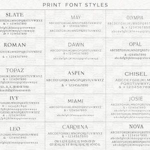 May include: A grid showcasing various print font styles, including Slate, May, Roman, Dawn, Opal, Topaz, Aspen, Chisel, Ivy, Miami, Josie, Leo, Carolina, and Nova. Each font is displayed with the alphabet, numbers, and symbols.
