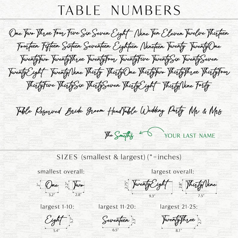 May include: Table numbers for a wedding reception, with sizes listed in inches. The numbers range from one to forty, with different sizes for different numbers. The text "Table Reserved Bride Groom Head Table Wedding Party Mr & Mrs The Smiths YOUR LAST NAME" is also included.