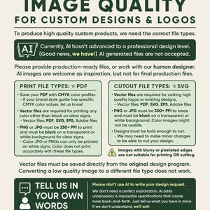 K&ouml;nnte beinhalten: Eine Infografik mit dem Titel IMAGE QUALITY FOR CUSTOM DESIGNS & LOGOS. Sie beschreibt Anforderungen f&uuml;r Druck- und Schnittdateitypen, einschlie&szlig;lich PDF, SVG, EPS und Adobe-Dateien. Es wird darauf hingewiesen, dass KI-generierte Dateien nicht akzeptiert werden.