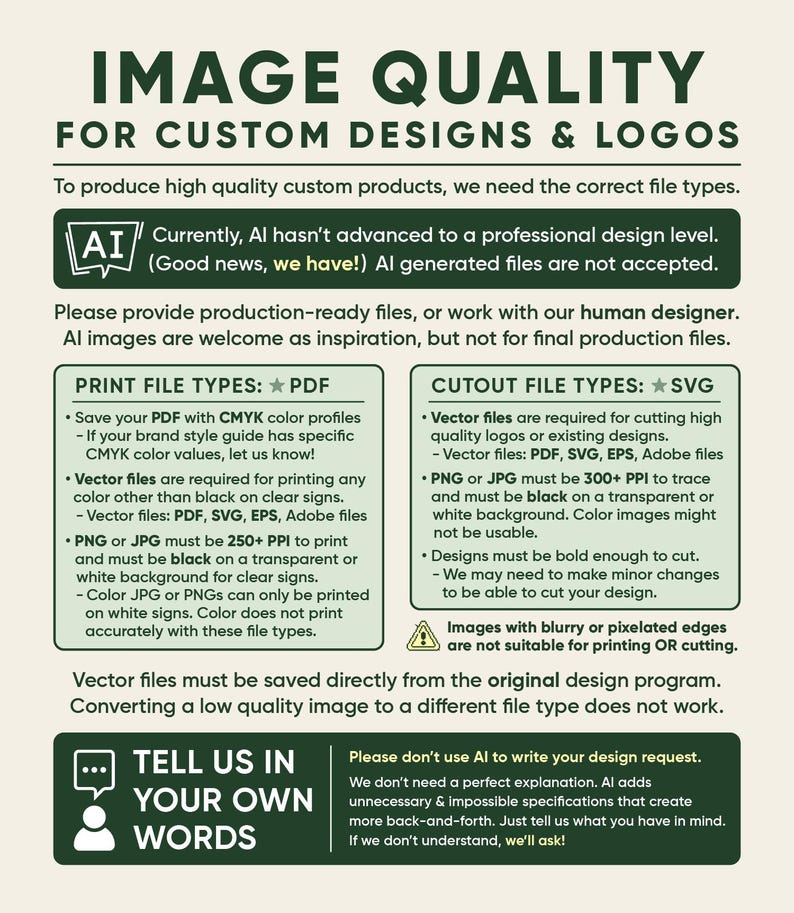 K&ouml;nnte beinhalten: Eine Infografik mit dem Titel IMAGE QUALITY FOR CUSTOM DESIGNS & LOGOS. Sie beschreibt Anforderungen f&uuml;r Druck- und Schnittdateitypen, einschlie&szlig;lich PDF, SVG, EPS und Adobe-Dateien. Es wird darauf hingewiesen, dass KI-generierte Dateien nicht akzeptiert werden.