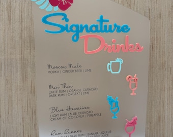 Tropical Bar Menu Acrylic Table Sign for Weddings, Events, Restaurants, etc.