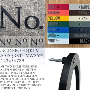 K&ouml;nnte beinhalten: Schwarze Hausnummer-Plakette aus Metall mit der Nummer "No." und den W&ouml;rtern "NO NO NO" darunter. Die Plakette ist mit einer Schraube an einer Wand befestigt. Das Bild zeigt auch eine Farbkarte mit verschiedenen Farben, darunter Schwarz, Wei&szlig;, Aqua, Blau, Gr&uuml;n, Gelb, Orange, Rot, Braun, Sand, Salbei, Indigo, Anthrazit und Taupe.