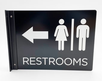 Projecting Restroom sign for hallways, businesses, schools. 8" x 11" Wall-mounted flag bathroom sign