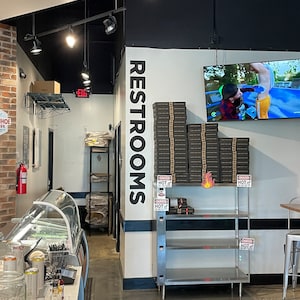 RESTROOMS Huge Black Letter Sign 7.4 inches x 6 feet tall for business, restaurants, bar, hallways. Large laser cut matte acrylic with glue